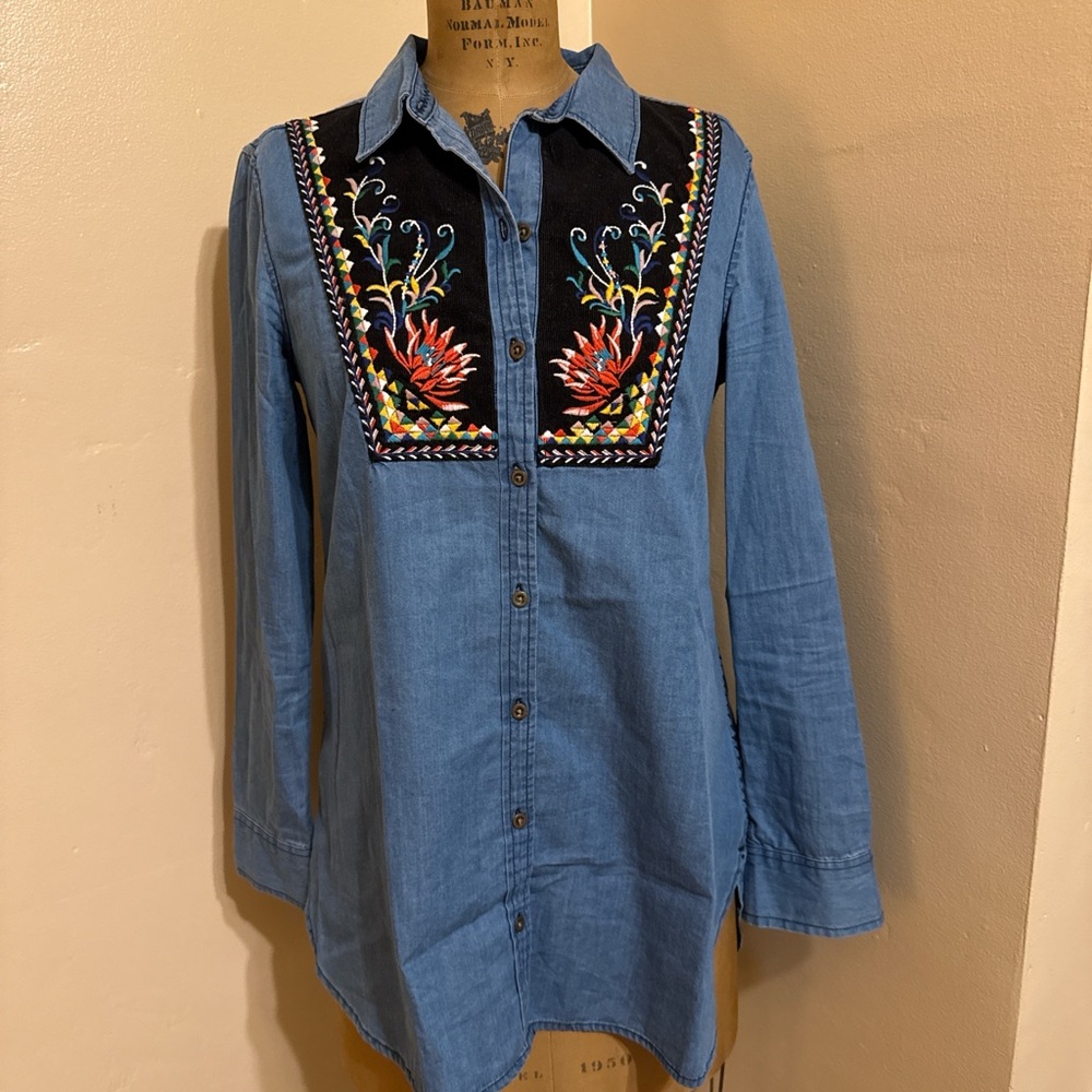 Anthropologie Embroidered Denim Button-Up Shirt